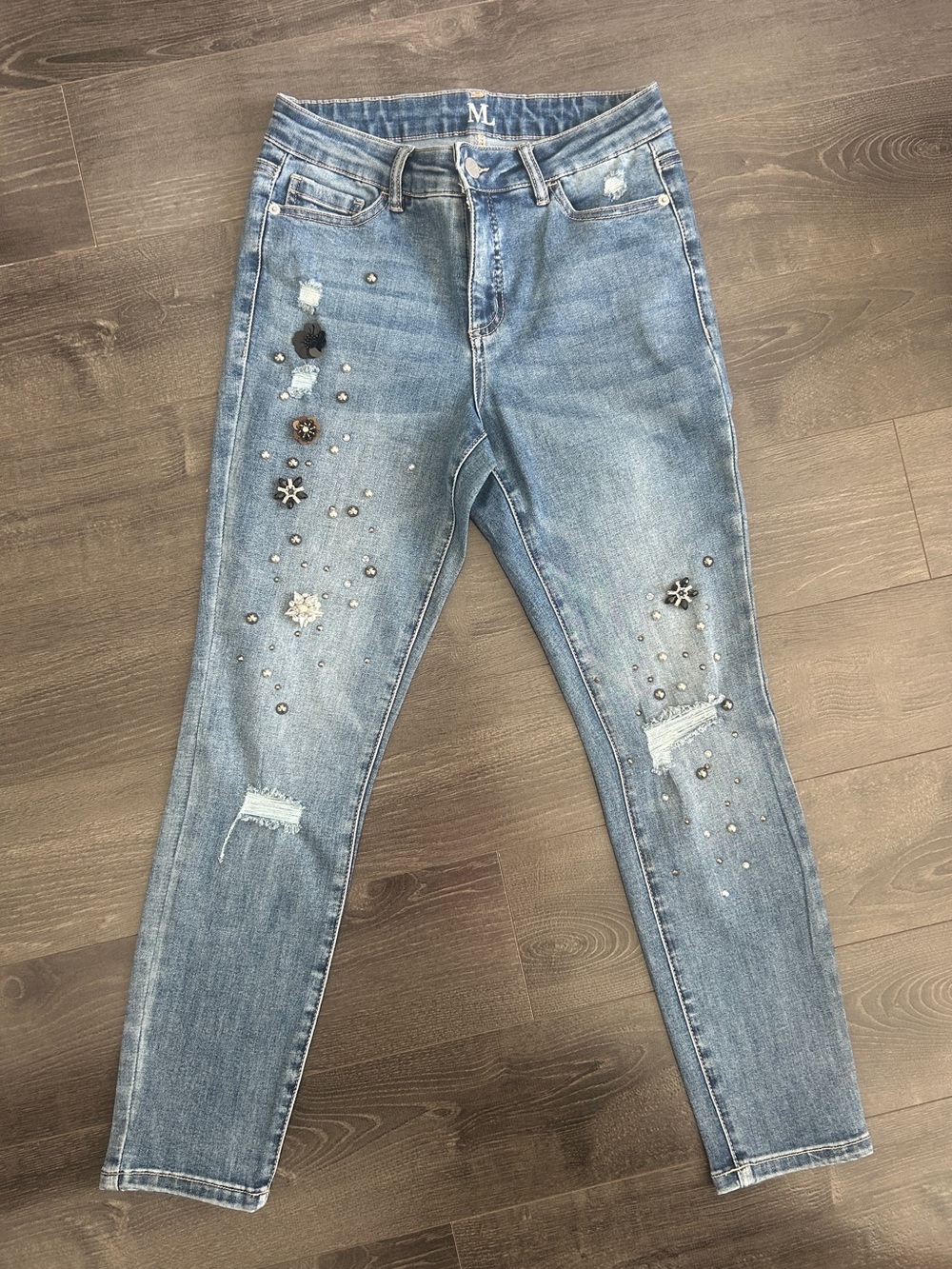Melanie Lyne Embellished Distressed Skinny Jeans Sz 2 Rhinestone Beaded Sequin